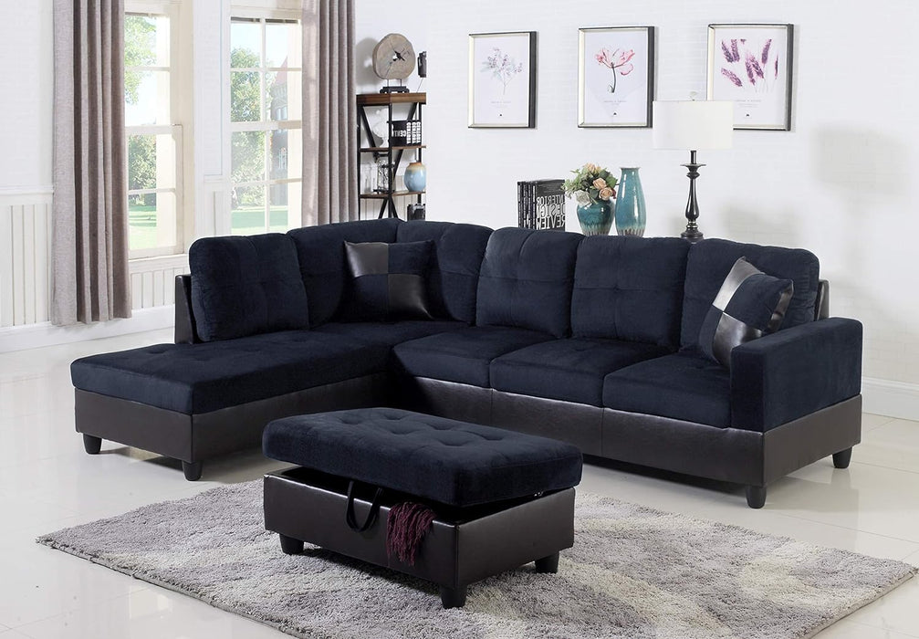 2 pc. Sectional with Ottoman in Midnight Black/Blue Flannel Microfiber and Brown Leather