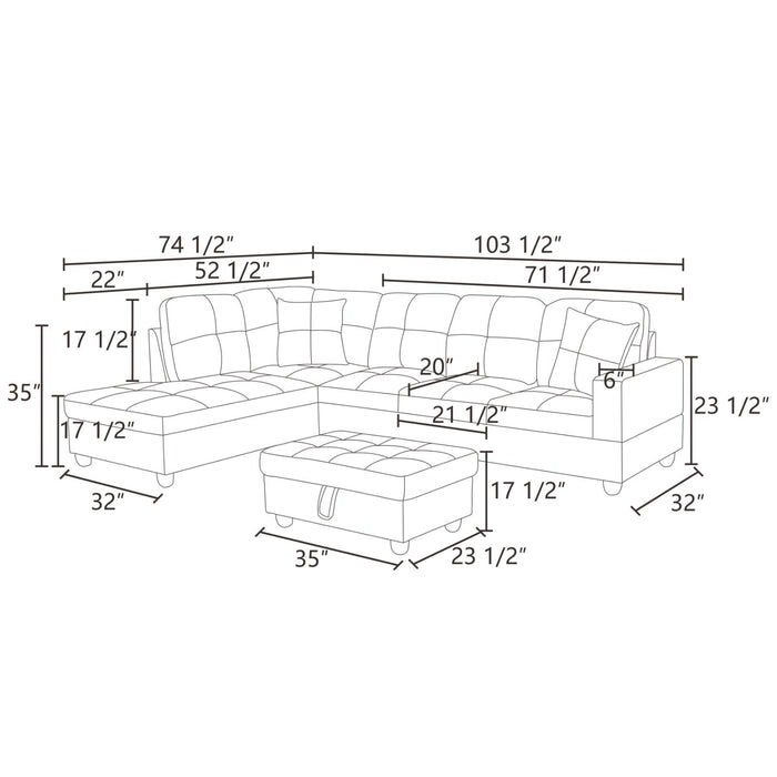 2 pc. Sectional with Ottoman in Off-White Flannel