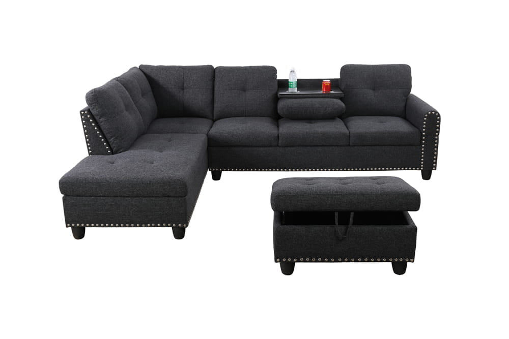 Dark Gray Flannel Sectional with Stud Details