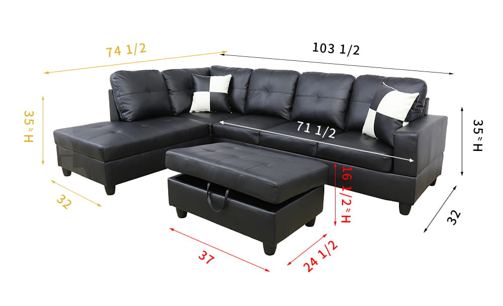 2 pc. Sectional with Ottoman in Black Leather