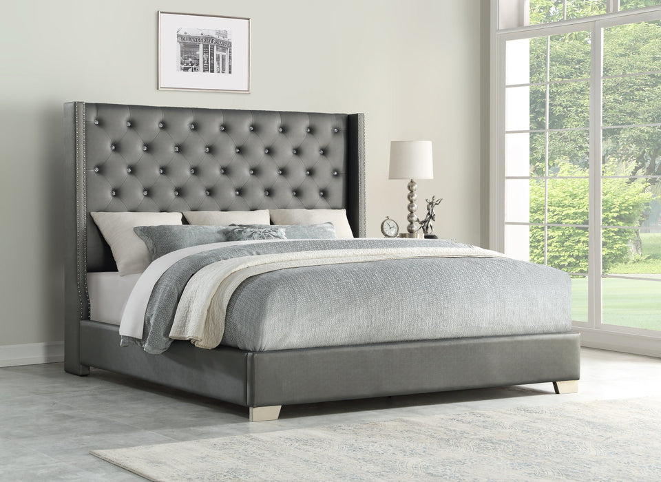 Gray Leather Bed with Nailhead Accents