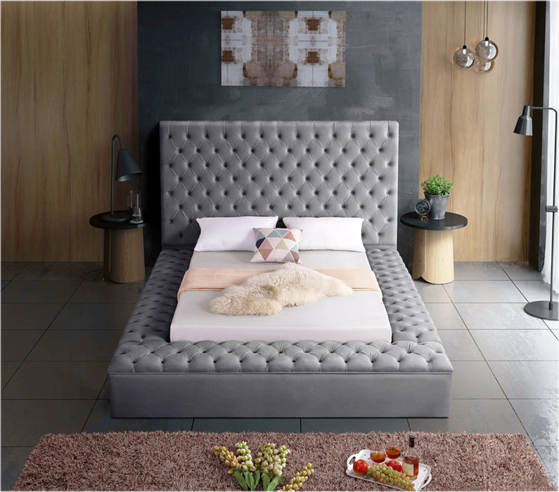 Grey Velvet Tufted Storage King Bed