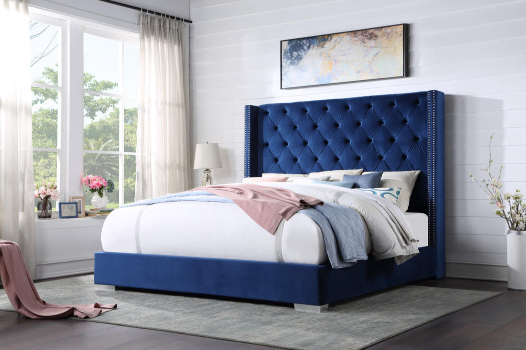 Navy Velvet Bed with Nailhead Accents