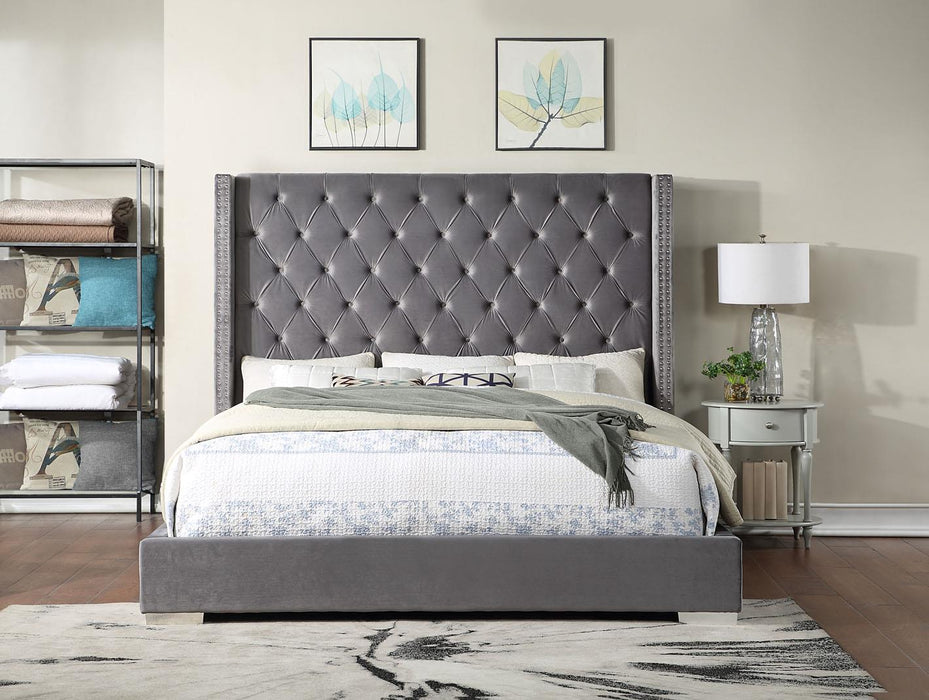 Gray Velvet Bed with Nailhead Accents