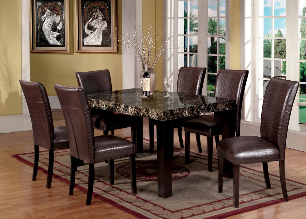 Brown Marble Dining Table with 6 Crocodile Print Chairs Set