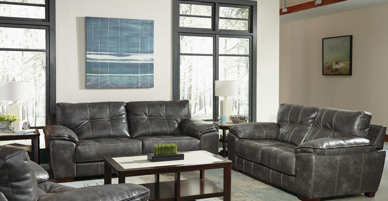 2 pc. Living Room Set in Gray Leather - Sofa and Loveseat