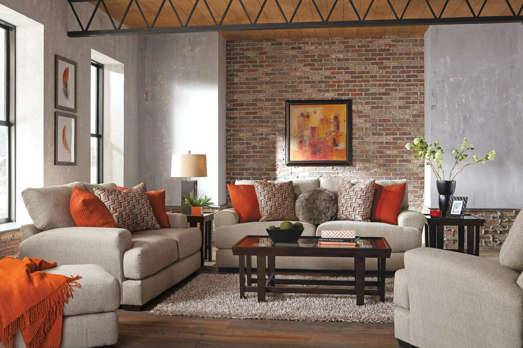 2 pc. Living Room Set in Beige Fabric with Accent Pillows - Sofa and Loveseat