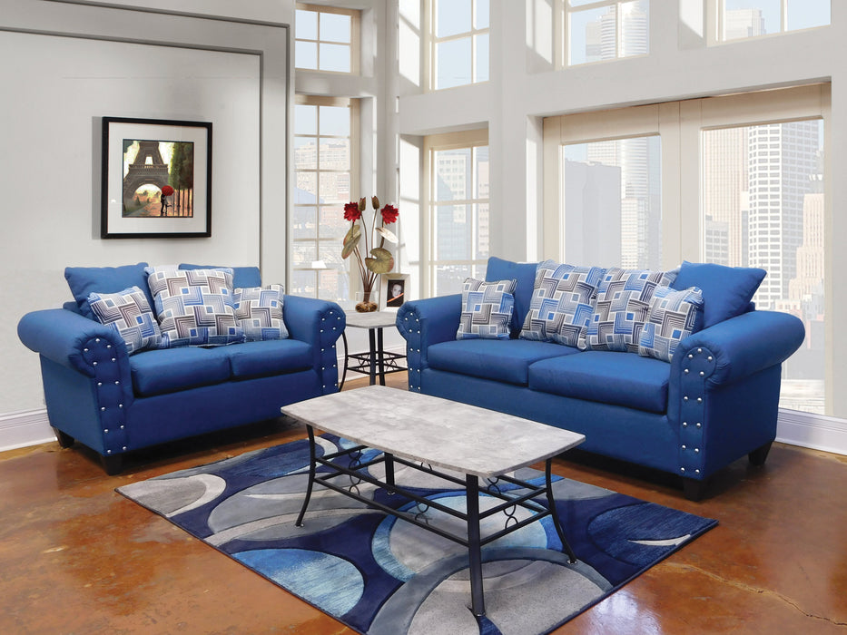 2 pc. Living Room Set in Blue Textured Fabric with Nail Stud Details - Sofa and Loveseat