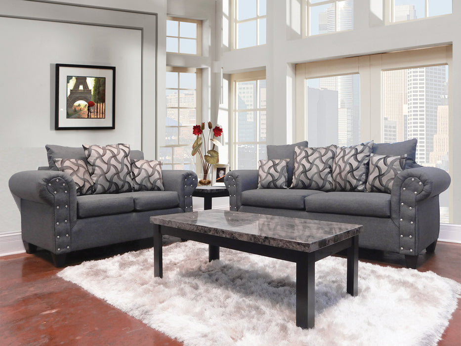2 pc. Living Room Set in Gray Textured Fabric with Nail Stud Details - Sofa and Loveseat