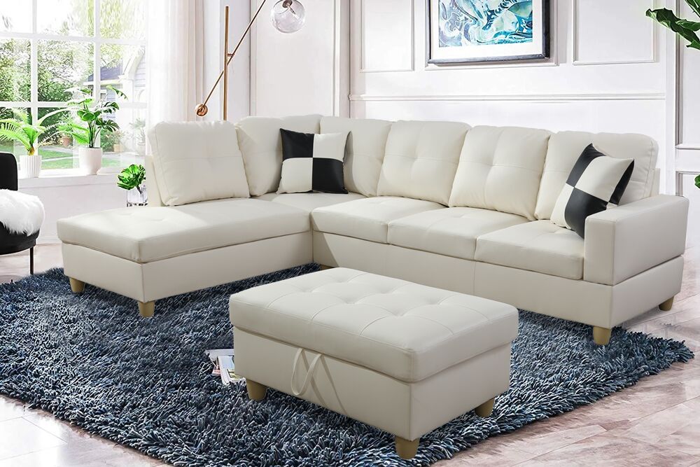 2 pc. Sectional with Ottoman in White Leather