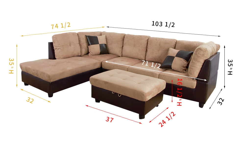 2 pc. Sectional with Ottoman in Tan Flannel Microfiber and Brown Leather