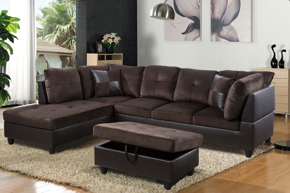 2 pc. Sectional with Ottoman in Espresso Flannel Microfiber and Brown Leather