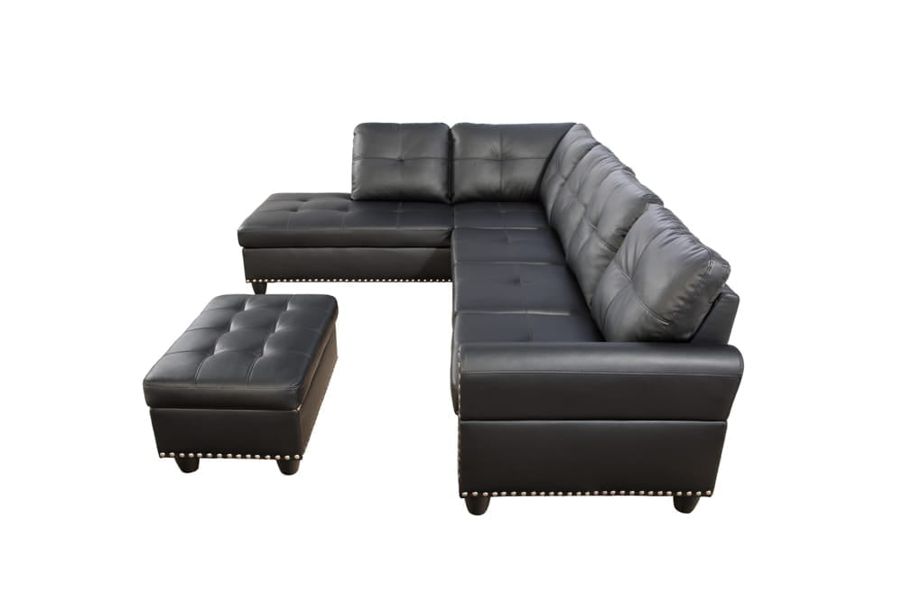 Black Leather Sectional with Stud Details