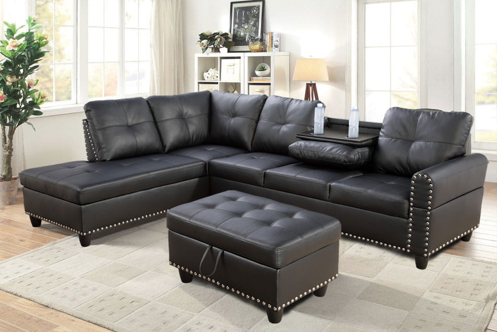 Black Leather Sectional with Stud Details