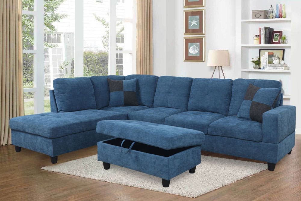 2 pc. Sectional with Ottoman in Blue Flannel