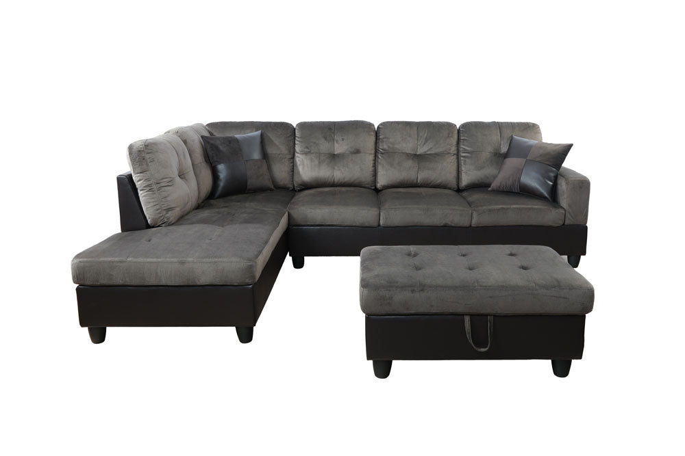 2 pc. Sectional with Ottoman in Gray Flannel Microfiber and Black Leather