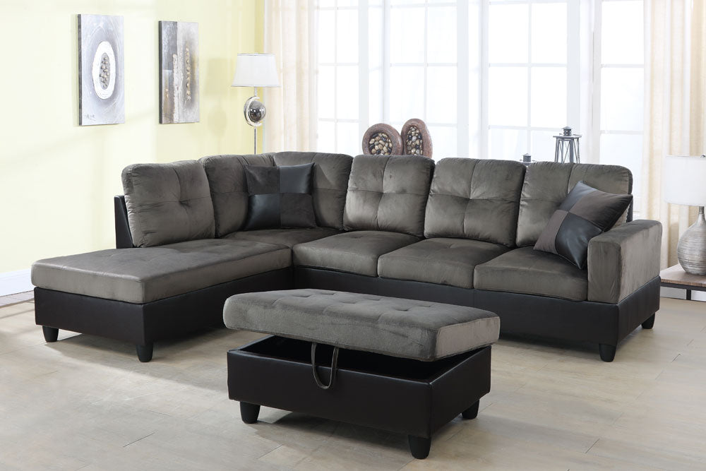 2 pc. Sectional with Ottoman in Gray Flannel Microfiber and Black Leather