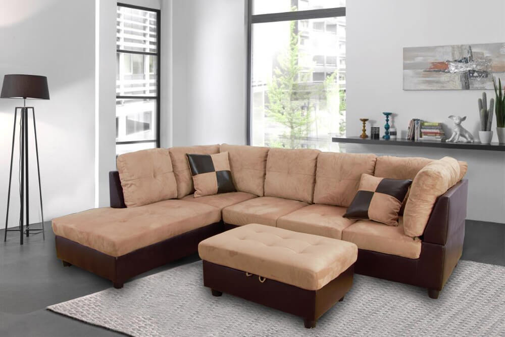 2 pc. Sectional with Ottoman in Tan Flannel Microfiber and Brown Leather