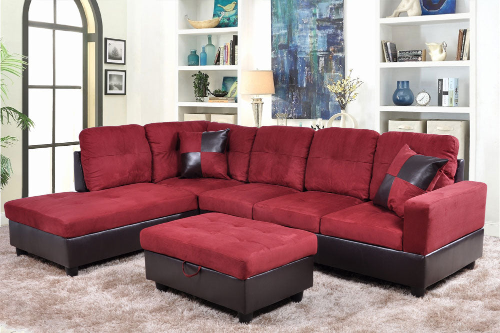 2 pc. Sectional with Ottoman in Red Flannel Microfiber and Brown Leather