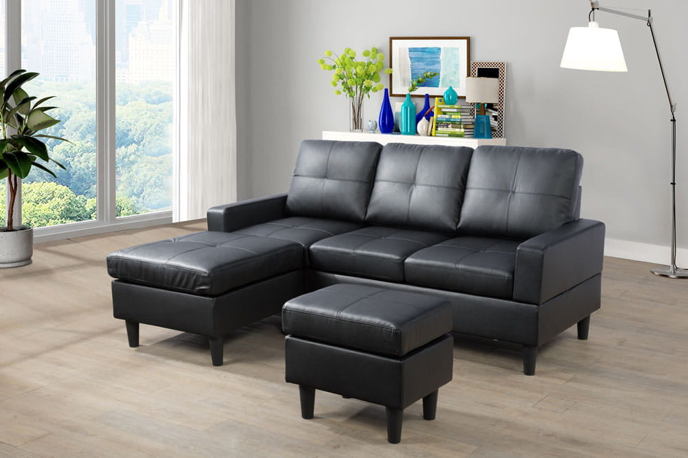 3 Seater Sofa With Ottoman In Black Leather