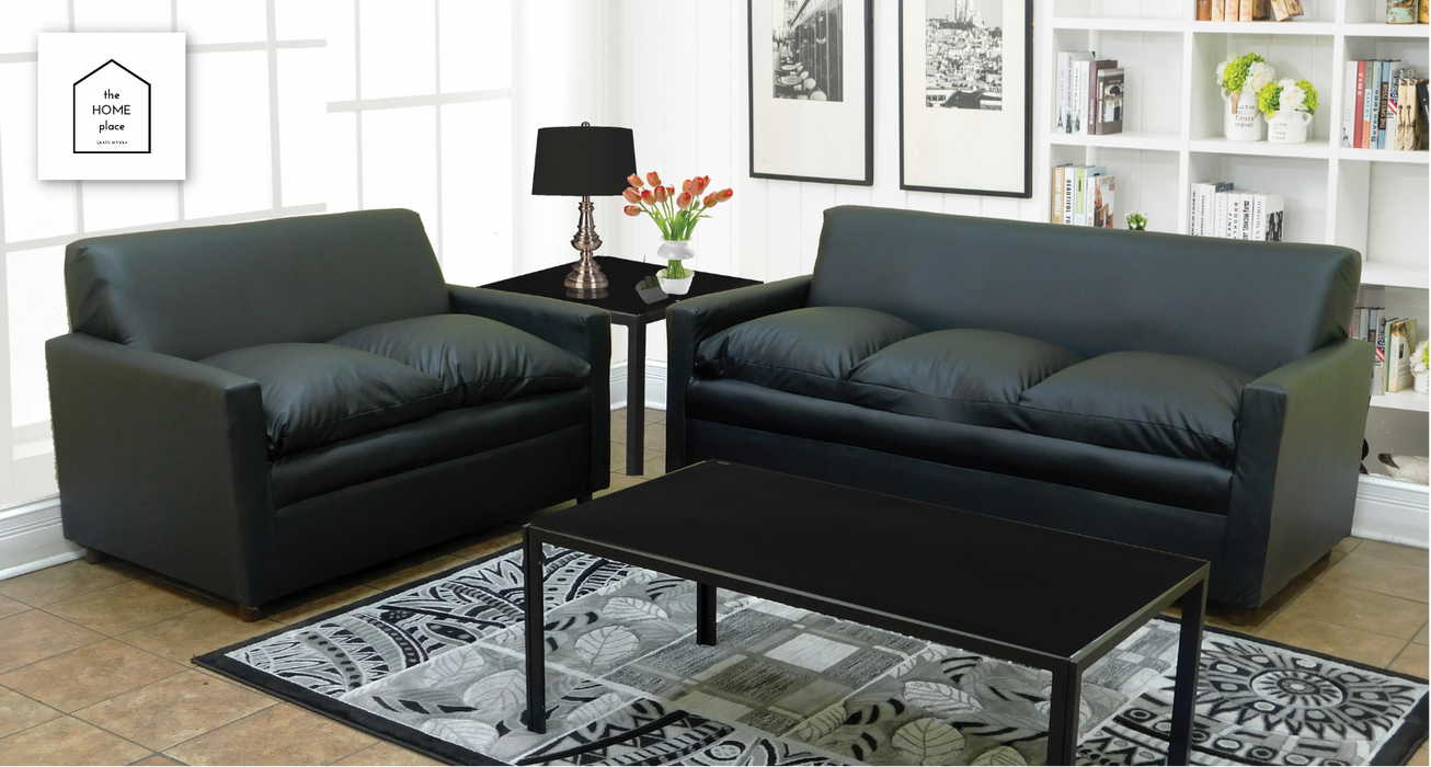Simple Black Leather Sofa and Loveseat Set