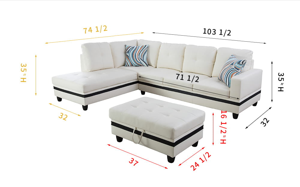 2 pc. Sectional with Ottoman in White Leather with Black Strip Detail