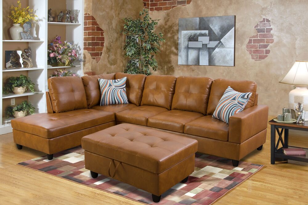 Brown Leather Sectional With Storage Ottoman