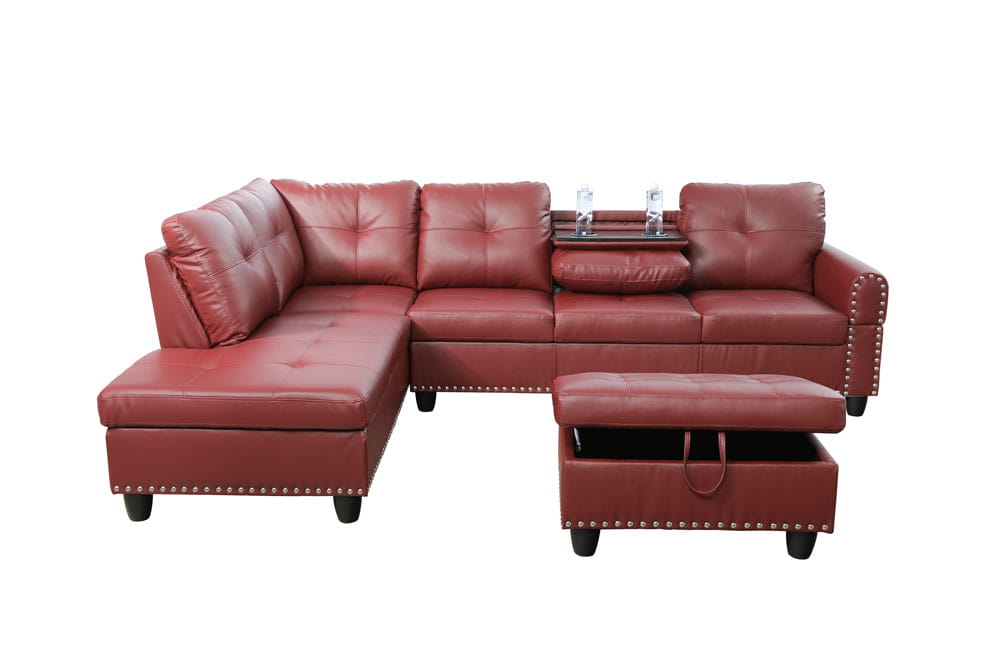Red Leather Sectional with Stud Details