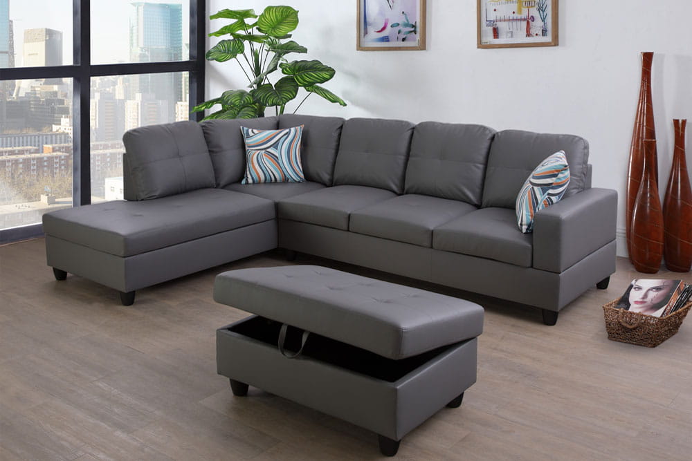 Dark Gray Leather Sectional Sofa With