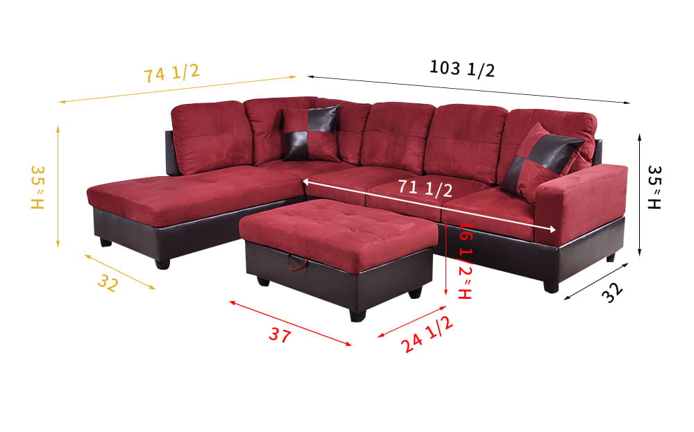2 pc. Sectional with Ottoman in Red Flannel Microfiber and Brown Leather